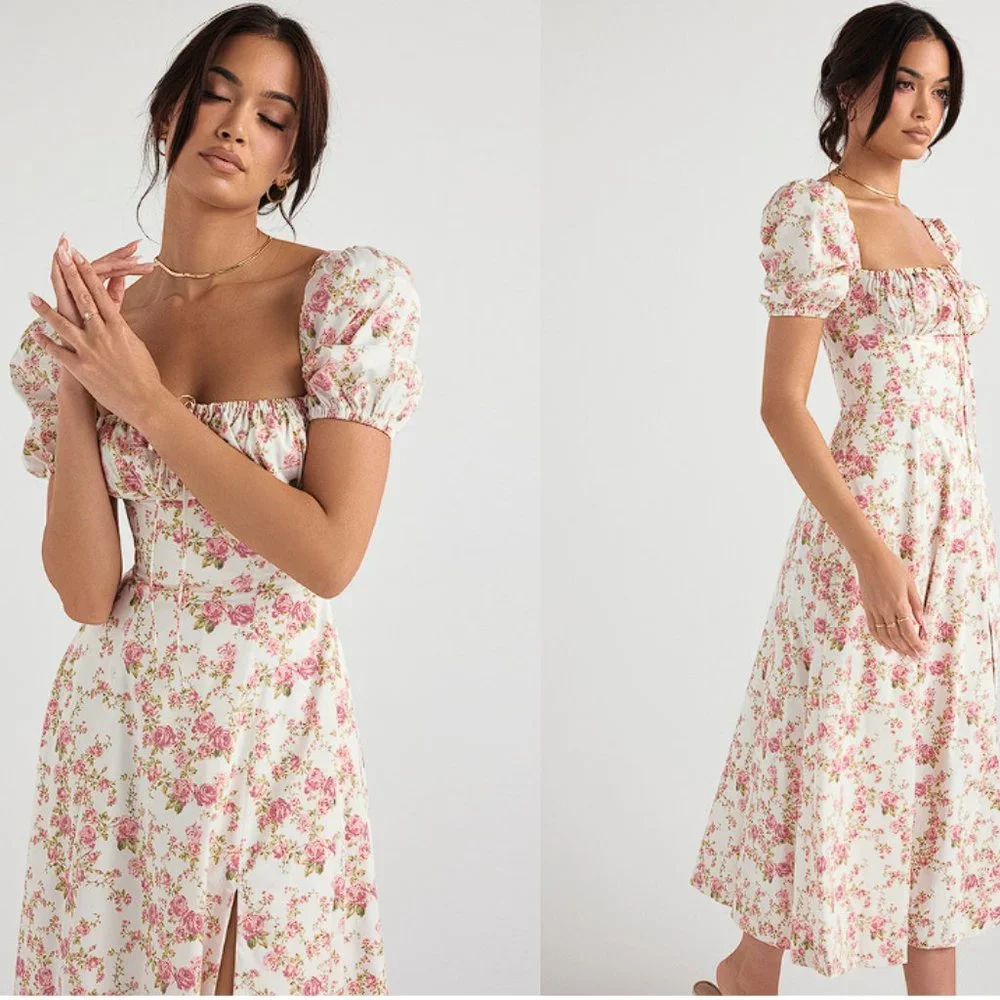 HOUSE OF CB 'Tallulah' Rose Print Puff Sleeve Midi Sundress NWOT - Picture 3 of 5